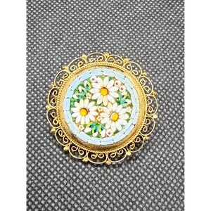 Vintage Italy Micro Mosaic Floral Brooch Gold Tone Filigree Daisy Round Pin